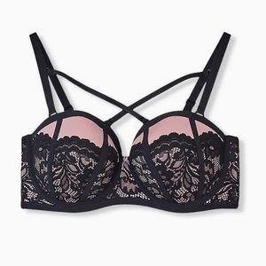 Torrid LIGHT PINK MICROFIBER & BLACK LACE STRAPPY PUSH-UP STRAPLESS BRA